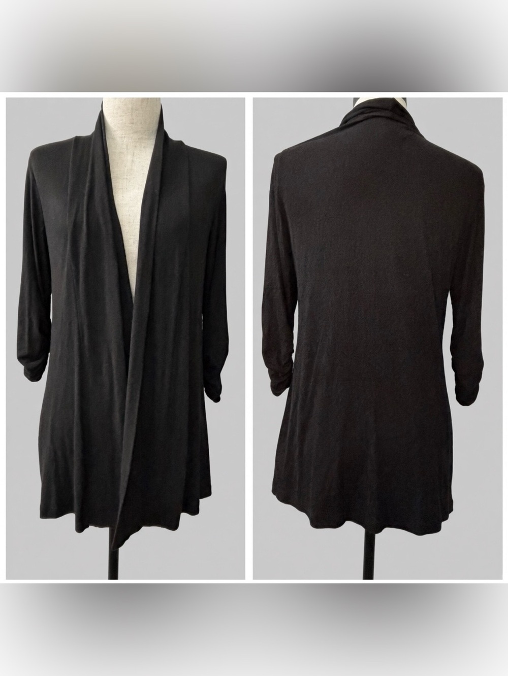 Women's Black Bobeau open front draped cardigan w/ ruched 3/4 sleeves EUC sz S